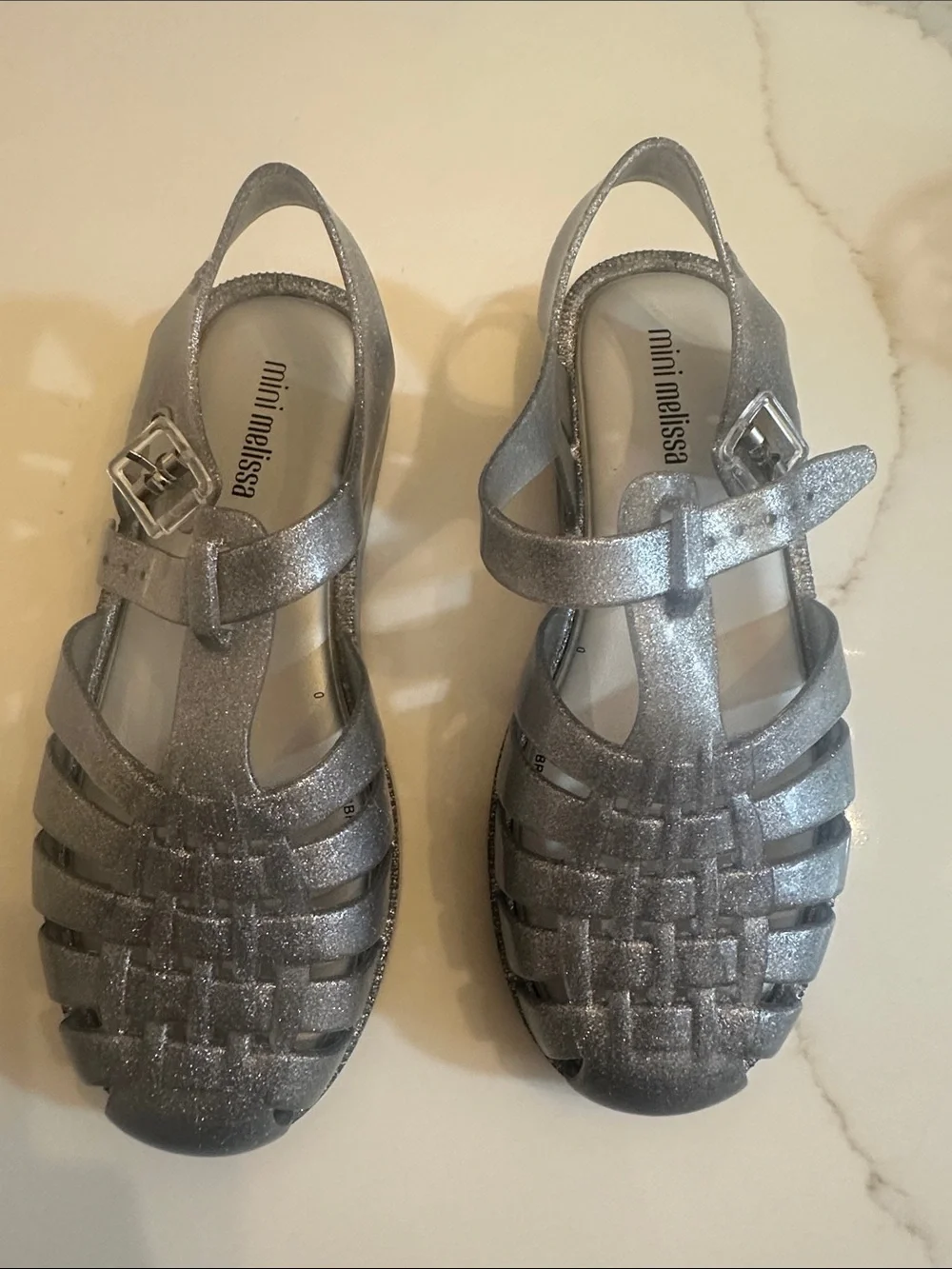 Mini Melissa Silver Glitter Girl's Jelly Woven Sandals with Buckle
